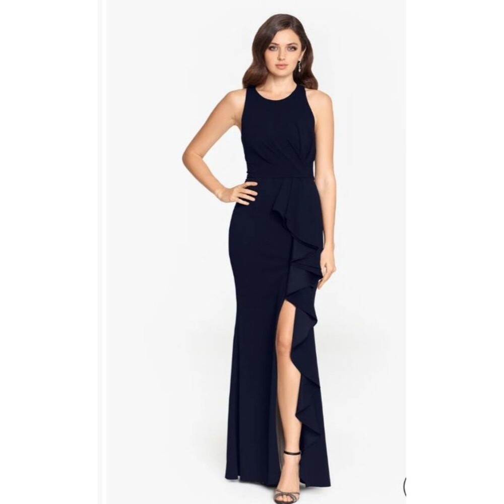 Betsy & Adam Womens Sz 10 Colby Scoop Neck Crepe Ruffle High-Slit Gown Navy Blue
